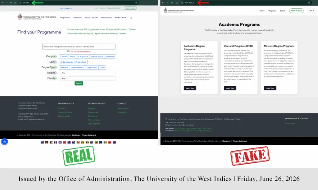Image 1 accompanying “The UWI Issues Warning Regarding Fraudulent Website”